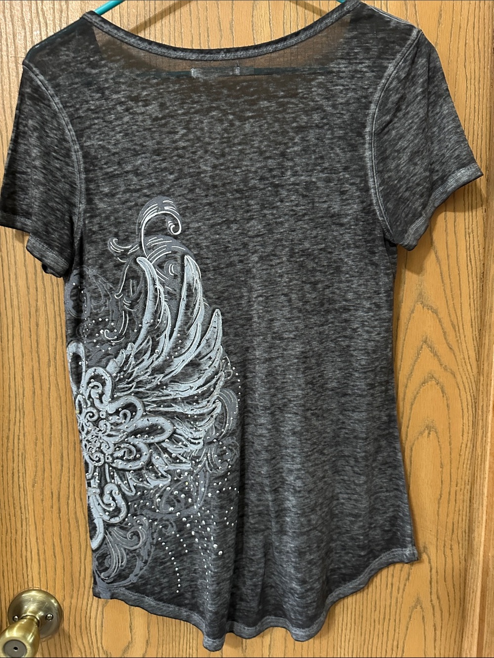Maurices Charcoal Gray Lace-Up V-Neck Tee with Wing Graphic - Picture 5 of 5